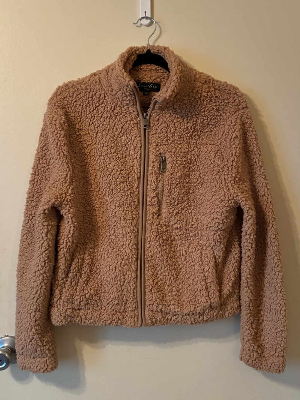 Love Tree Tan Sherpa Fleece Teddy Crop Jacket Zip-up Cozy Cabincore Plush Coat S